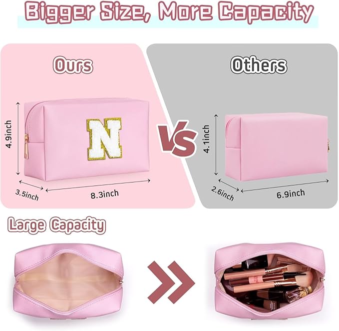 TOPEAST Preppy Patch Makeup Bag, Chenille Letter Pouch Cosmetic Bag, PU Leather Waterproof Toiletry Bag, Personalized Birthday Gift for Women Girl, Cute Stuff for Girls (Pink B)