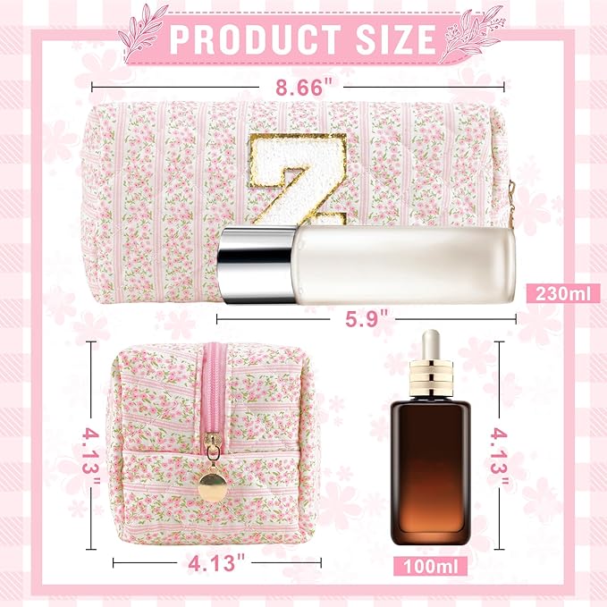 Personalized Quilted Cosmetic Bag, Puffy Monogrammed Christmas Birthday Gifts for Women & Girls, Cute initial Floral Makeup Bag Puffer Coquette Bag, Aesthetic Travel Toiletry Zipper Pouch(Pink,Z)