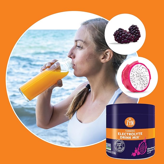 ZYN Electrolyte Hydration Drink Mix (30 Servings), BlackBerry Dragonfruit Electrolytes Powder, Hydrating Formula w/Turmeric Curcumin, Vitamin C & D, Zinc, Electrolyte Support Drink Mix