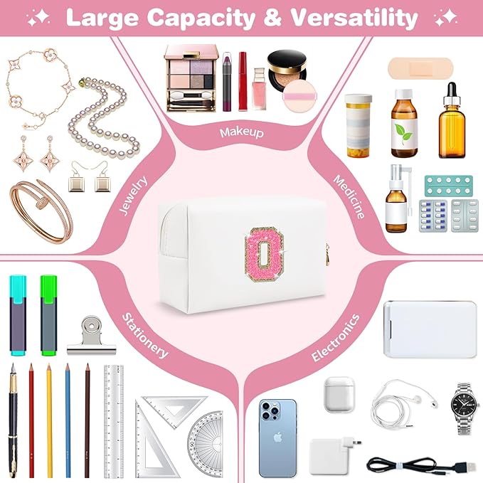 Small Personalized Initial A-Z Patch Makeup Bag,White Cute PU Leather Glitter Letter Cosmetic Bag for Teen Girls,Travel Toiletry Bag with Zipper,Preppy Monogrammed Birthday Gift for Daughter Niece O