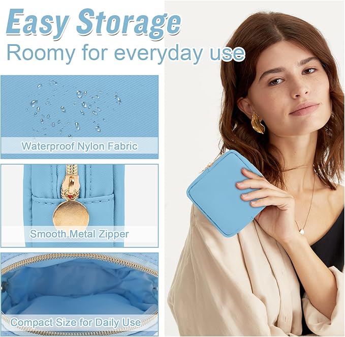 Nylon Mini Makeup Bag for Purse, Preppy Small Cute Makeup Bag Cosmetic Zipper Pouch Purse, Waterproof Travel Coin Pouch Sanitary Napkin Storage Bag Clutch Make Up Organizer Bag for Women Girls(Blue)