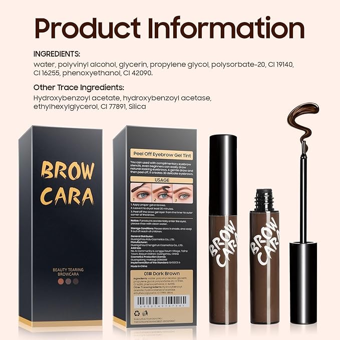 Brow Tattoo Peel Off Tint - Brow Gel Eyebrow Tattoos Waterproof, Eyebrow Gel Tint with Eyebrow Stencils Long-Lasting Makeup, Eye Brow Pencils Create Full Voluminous Brows for Women (Dark Brown)