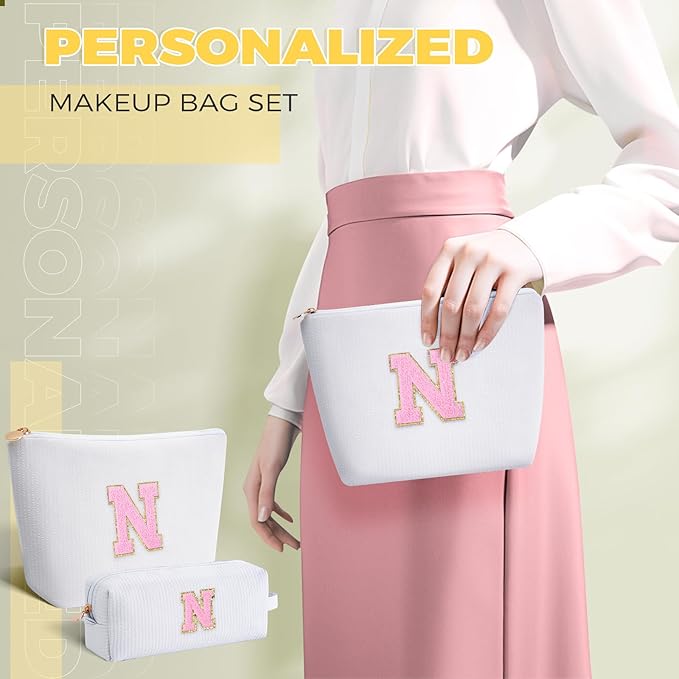 Personalized Makeup Bag for Women Girls - Fashion Cosmetic Bag Trendy Travel Toiletry Bag with Initials Letter - Teen Gifts - White,N