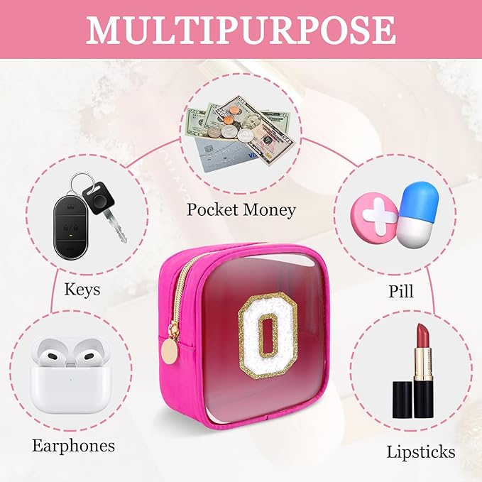 Mini Clear Personalized Initial Makeup Bag,Small Nylon Waterproof Zip Beach Cosmetic Pouch,Preppy A-Z Chenille Letter Patch Cute Coin Purse Travel Toiletry Bag Car Pack Bag for Women(Hot Pink-White O)