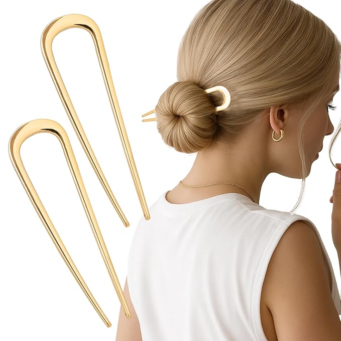 2PCS 4.2Inch French Hair Pins U-Shaped Pins for Women and Girls Fashion Metal Hair Pin French Twist Hair Pins for Buns, Updos,Stylish and Functional(set1-gold)
