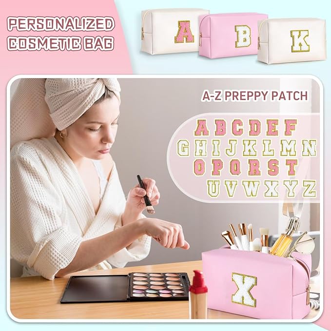TOPEAST Initial Makeup Bag for Women, Travel Small Cosmetic Bag Cute Pink Personalized Preppy Makeup Pouch, Birthday Travel Gifts for Women (Pink S)