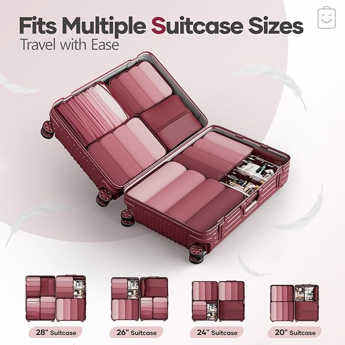 Veken 9/11 Set Compression Packing Cubes for Travel Essentials,Compressible Expandable Large Luggage Suitcase Organizer Bags for Clothing,Durable Space Saver Storage Bags with Toiletry Bags(Wine Red)