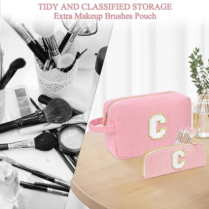 Personalized Initial Makeup Bag Trendy Stuff Corduroy Cosmetic Bag Travel Toiletry Bag for Women, Christmas/Thanksgiving/Halloween Gifts Makeup Organizer Case for Teen Girls Mom Girlfriend Wife - Pink
