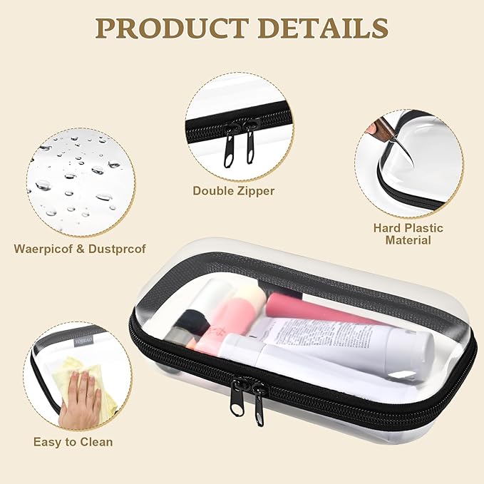 Clear Hard Shell Zipper Case 3 Pack, Hard Plastic Bag, Clear Travel Toiletry Pouch,Portable Cosmetic Bag with Zipper,Toy Storage Bins, Pencil Storage Organizer, Office Supplies Storage Case