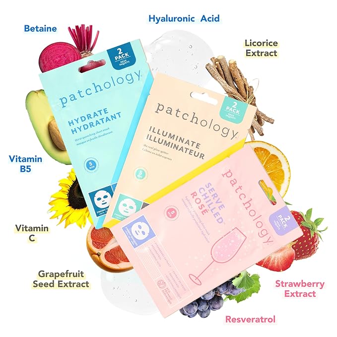 Patchology Face Mask Variety Pack - Brightening Face Mask with Vitamin C stimulates collagen, Hydrating Face Masks with Hyaluronic Acid soften skin, Renewing Face Masks with Strawberry (6 Masks)