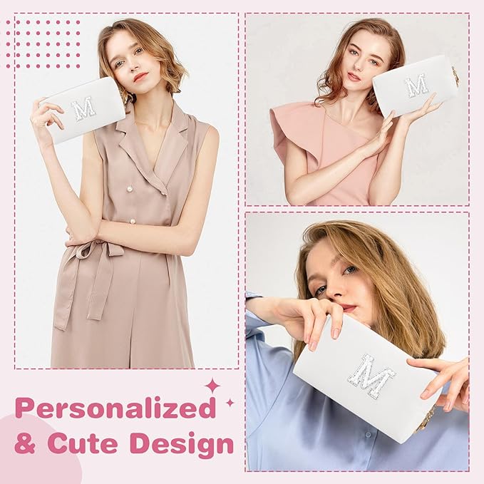 Bride Gifts – Personalized Initial Makeup Bag with Pearl Rhinestone Patch, Preppy White Monogram Cosmetic/Toiletry Pouch, bridesmaid Gifts, Bridal Shower Gifts, Wedding Gifts, Bridal Gifts,M
