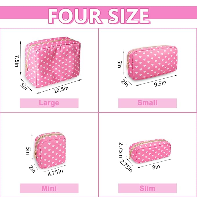Large Makeup Bag Pouch, Nylon Women Travel Toiletry Storage Bag Preppy Cosmetic Bag for Girls, Big Makeup Organizer Bag Cute Zipper Pouch Skincare Bag for Sport School Work Gift(Large-Pink Heart)