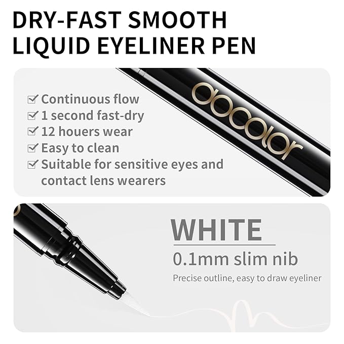 docolor Waterproof Eyeliner Pen Longwearing with Ultra-Fine Tip Liquid Eye Liner (White)