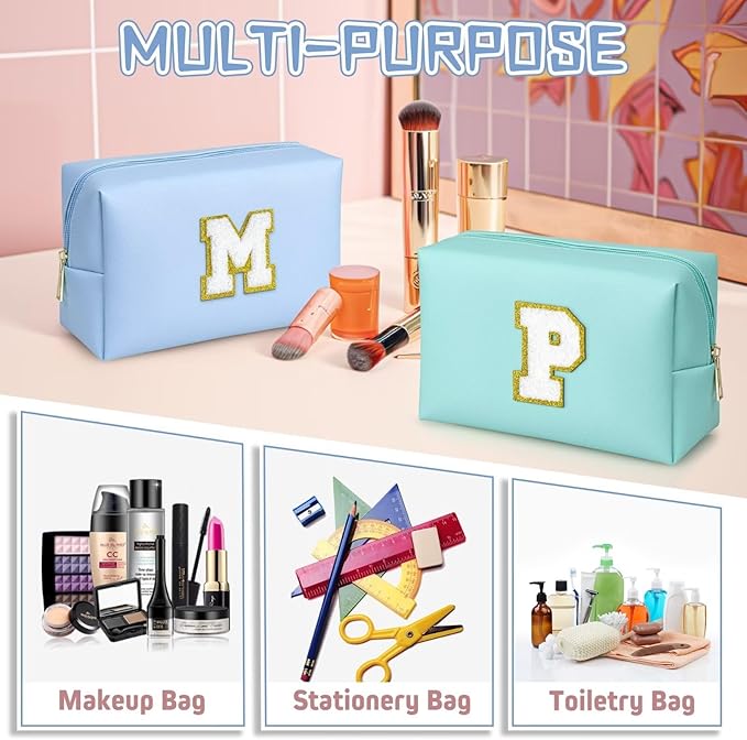TOPEAST Makeup Bags for Women, Personalized Initials Travel Makeup Bag Cosmetic Bags for Women Birthday Gifts for Women (Sky Blue M)