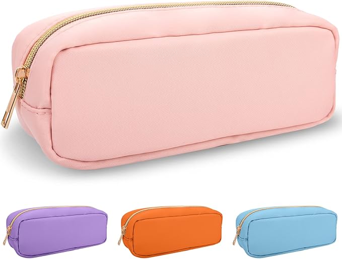 Nylon Slim Makeup Bag, Preppy Cute Makeup Brush Bag Pink Makeup Organizer for Women Men Girls - Waterproof Travel Toiletry Cosmetic Zipper Pouch