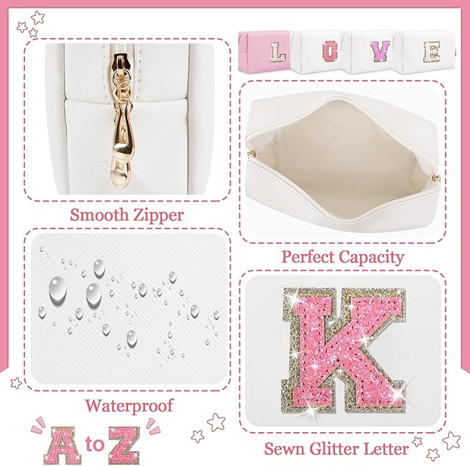 Initial Letter Patch Makeup Bag, Small Preppy A-Z Glitter Cosmetic Bag, PU Leather Waterproof Travel Toiletry Bag,Cute Make Up Pouch Personalized Monogrammed Gift for Women Teen Girls(Letter K)