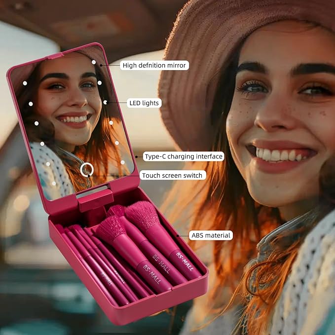 BS-MALL Travel Makeup Brush Set Foundation Powder Concealers Eye Shadows Makeup Set with LED light Mirror 14 Pcs (HotPink)