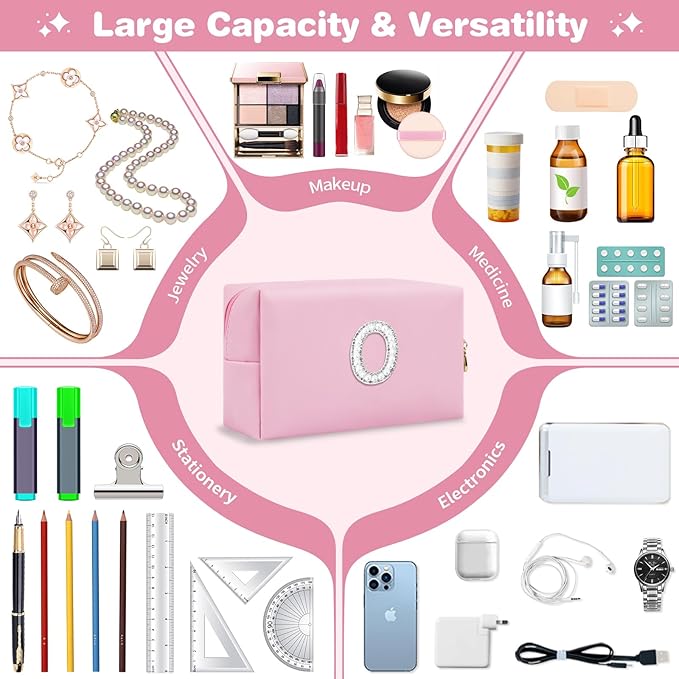 ChaoGreat Bride Gifts – Personalized Initial Makeup Bag with Pearl Rhinestone Patch, Preppy Pink Monogram Cosmetic/Toiletry Pouch, bridesmaid Gifts, Bridal Shower Gifts, Wedding Gifts, Bridal Gifts,O