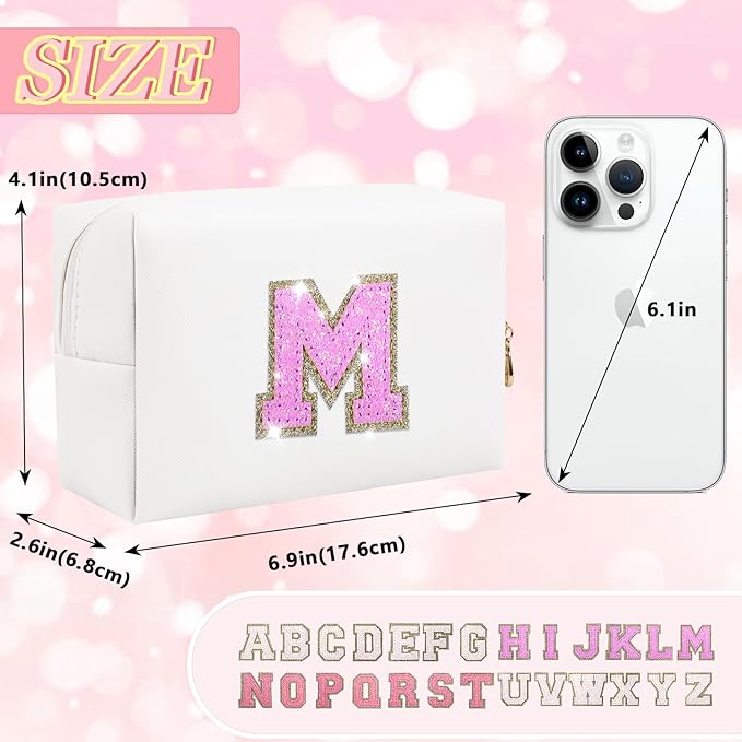 Initial Letter Patch Makeup Bag, Small Preppy A-Z Glitter Letter Cosmetic Bag, PU Leather Waterproof Travel Toiletry Bag, Cute Make Up Pouch Personalized Monogrammed Gift for Women Teen Girls
