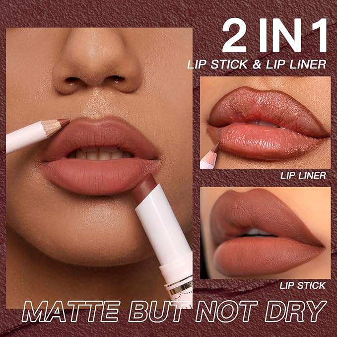 USHAS Lipstick and Lip Liner Combo Set 2 in 1 Waterproof Lipstick for Women Lip liner Set Long Lasting Lipstick, Matte Lipstick Pen with Lip Liner Set Makeup Kits (S15, Pack of 1)