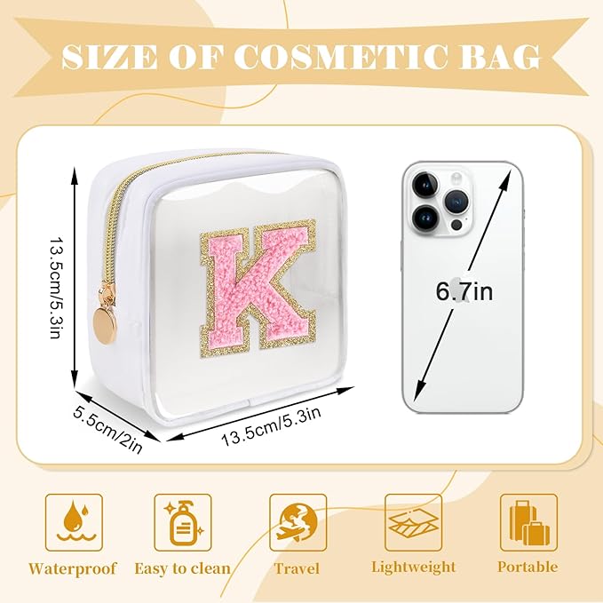 Personalized Initial Letter Clear Preppy Makeup Bag,Mini Nylon Chenille Letter Cosmetic Bag Cute Zipper Pouch Purse for Teen Girls,Portable TSA Approved Beach Travel Essentials Bag Gift for Women,K