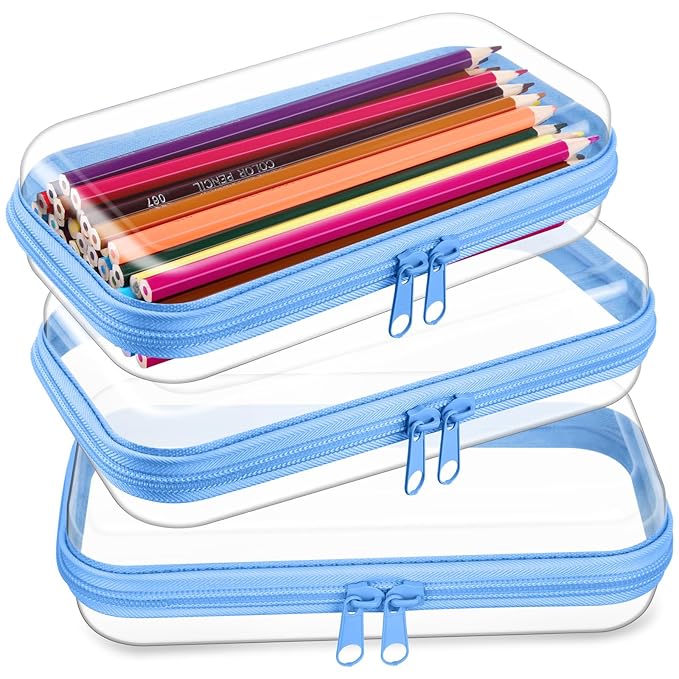 Hoolerry 3 Pcs Clear Hard Zipper Case Plastic Pouch Transparent Hard Case Clear Makeup Bag Portable Travel Organizer Bin for Cosmetics, Building Blocks, Puzzles(Blue,S)