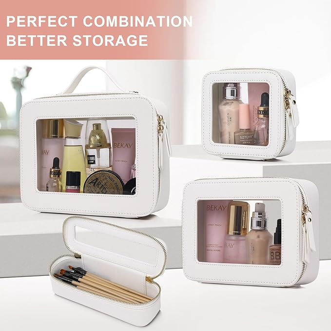 Pinkmik Clear Makeup Bag Waterproof Travel Case for Cosmetics and Toiletries Women's Purse Organizer and Clear Car Bag with Zipper (White, L+M+MINI)