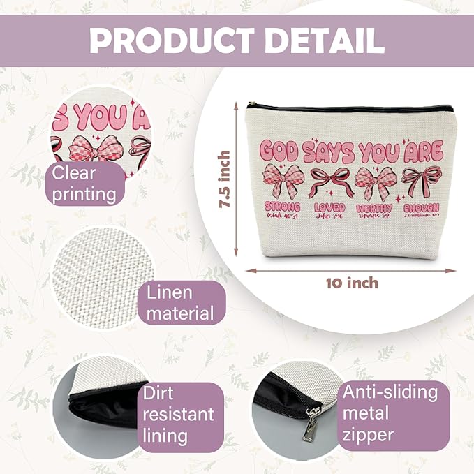 Coquette Preppy Pink Bow Makeup Bag, God Says You are Christian Bible Verse Cosmetic Bags Zipper Pouch for Women, Christian Gifts for Women, Faith Based Gifts Makeup Pouch
