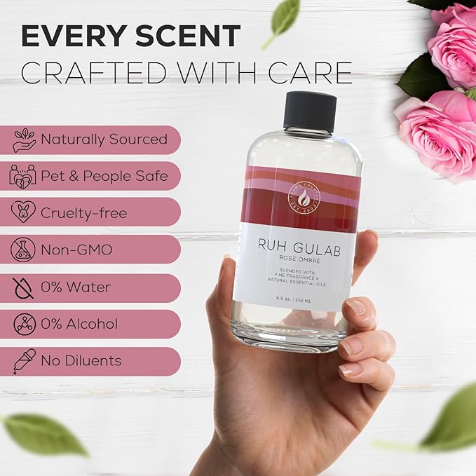 Aroma Country Ruh Gulab Diffuser Oil - Luxury Essential Oils for Diffuser Refill & Air Freshener Room Spray - Long-Lasting & Natural Home Fragrance, Damask Rose Scented Oil for Diffusers (8.5 Fl. oz)