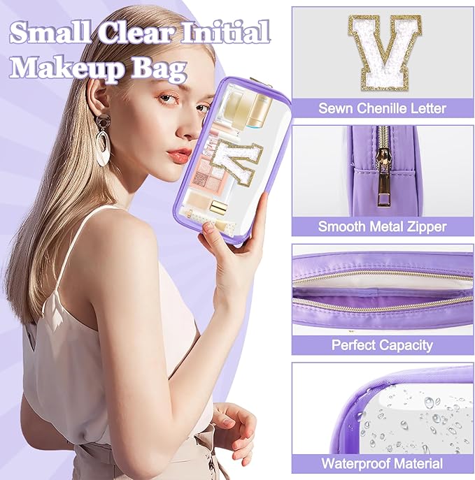 Small Clear Personalized Initial Makeup Bag,Preppy Nylon A-Z Chenille Letter Patch Makeup Organizer TSA Approved Travel Toiletry Bag,Waterproof Zip Beach Cosmetic Pouch Purse for Women(Purple-White V)