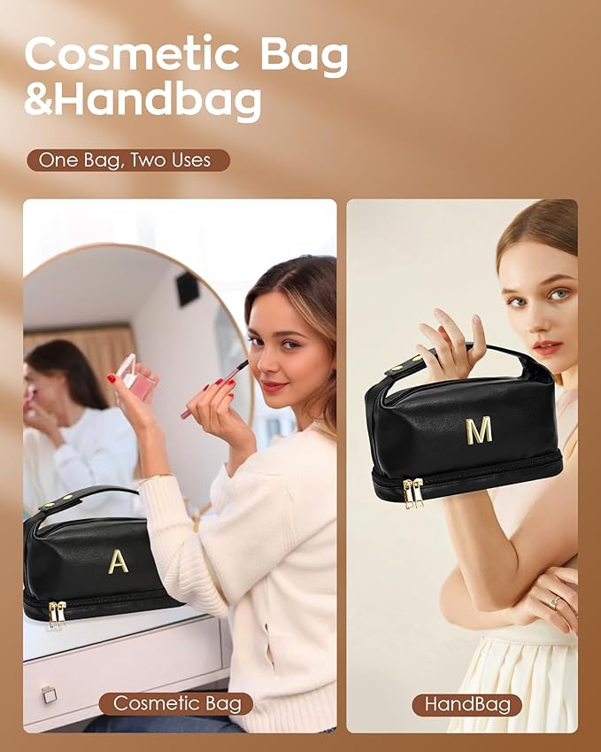 Personalized Gifts for Women, Gift for Teens Makeup Bag with Handle, Double Layer Cosmetic Bag with Makeup Brush Organizer, PU Leather Travel Toiletry Bag, Gifts for Friends Female Mom