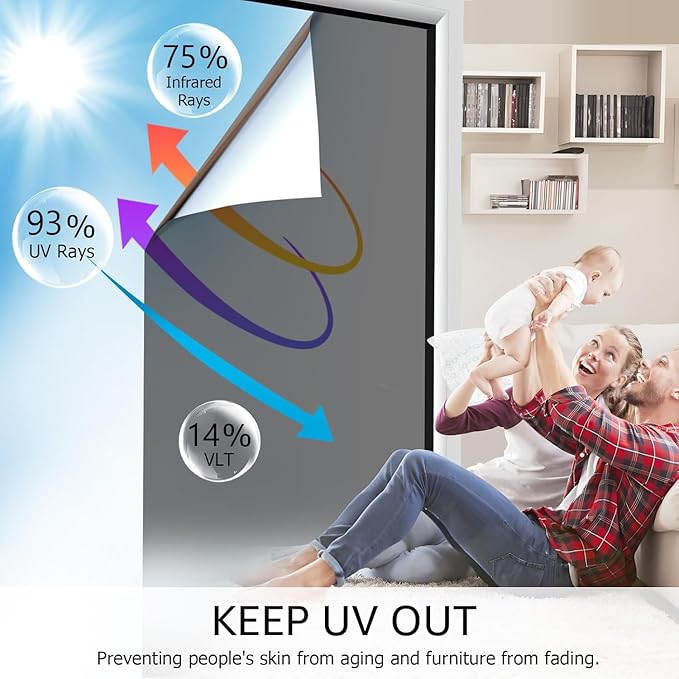 HIDBEA One Way Window Film, Daytime Privacy Sun Blocking Reflective Window Film No Glue Static Cling Heat Control Window Tinting Film for Home and Office, Black Silver, 45.3 x 78.7 Inch