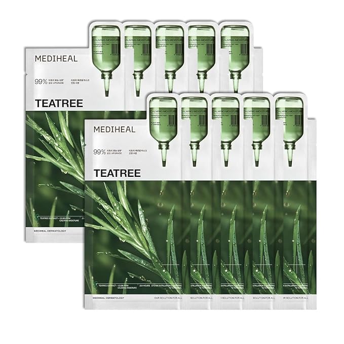 Mediheal Teatree Essential Sheet Mask Calming Moisture 10 pcs. 99% Pure Teatree & Teatree 7X for intensive soothing and hydration. Suitable for acne-prone skin. Vegan formula