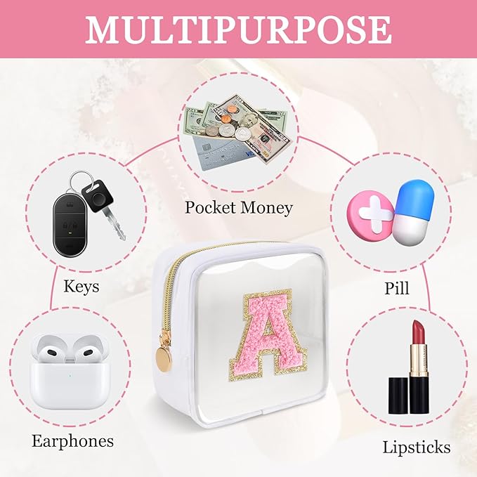 Mini Clear Personalized Initial Makeup Bag,Nylon Preppy A-Z Chenille Letter Patch Zipper Cosmetic Bag, Small Cute Beach Pouch Travel Purse Sanitary Napkin Storage Bag for Women Girls(White-Pink A)