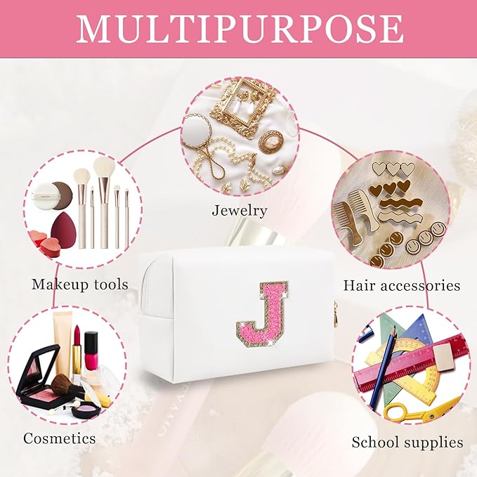 Initial Letter Patch Makeup Bag, Small Preppy A-Z Glitter Letter Cosmetic Bag, PU Leather Waterproof Travel Toiletry Bag, Cute Make Up Pouch Personalized Monogrammed Gift for Women Teen Girls
