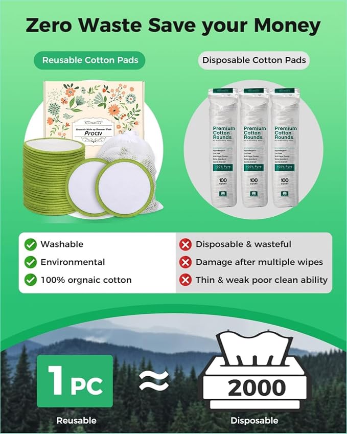 ProCIV Reusable Makeup Remover Pads - 20 Packs Washable Organic Bamboo Reusable Cotton Rounds for All Skin Types & Toner with Laundry Bag, Zero Waste Soft Reusable Cotton Pads for Woman Gift (Green)