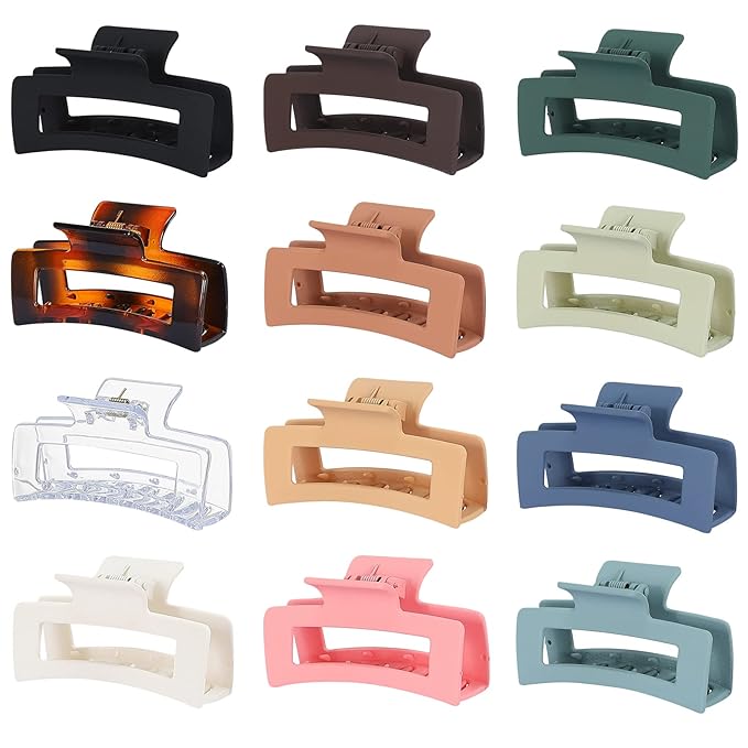 3.5 Inch Medium Hair Accessories - 12 Pcs Square Jaw Clips for Thick and Thin Hair, Rectangular Rectangle Basic Color Hair Clips for Women and Girls