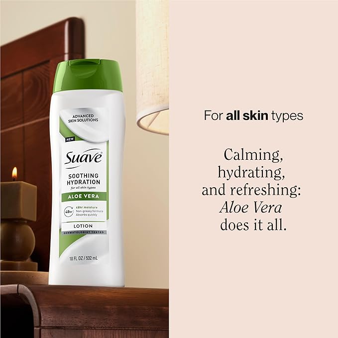 Suave Soothing Hydration Hand & Body Lotion With Aloe Vera Refreshes Dry Skin, Fast Absorbing, Intensive Moisturizing Cream For Women, Non Greasy, Allergen Free, 18 FL OZ, 6 Pack