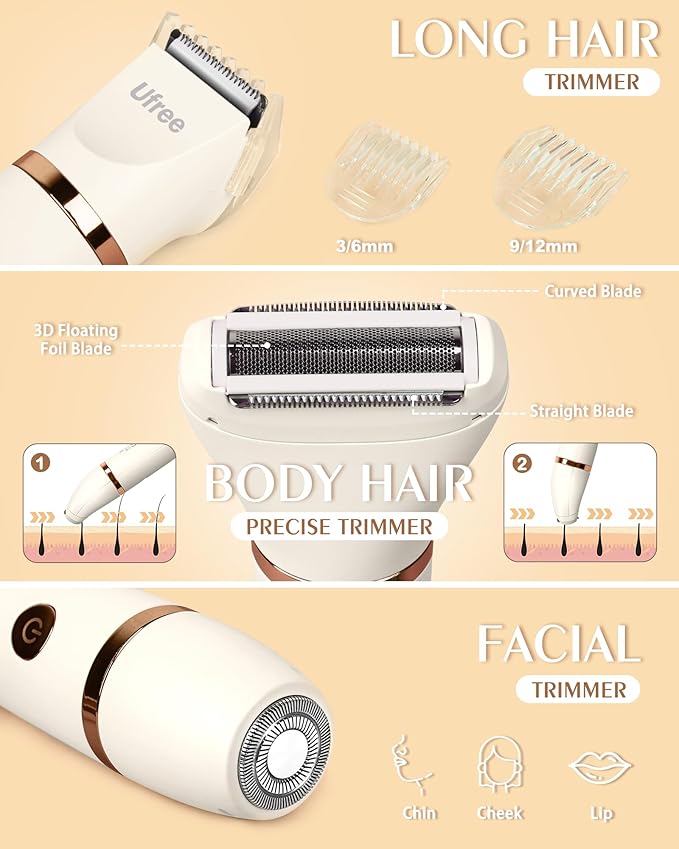 Ufree Bikini Trimmer Electric Razors for Women, Rechargeable Pubic Hair Trimmer Electric Shaver for Legs Body Hair, Bikini Shaver IPX7 Waterproof, White
