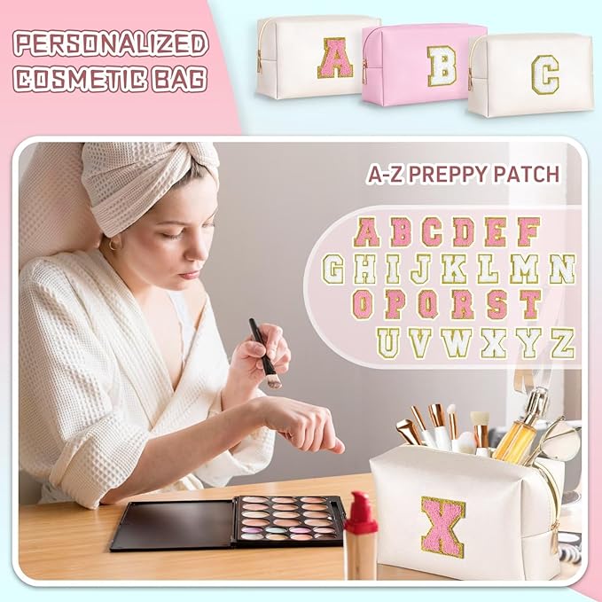TOPEAST Makeup Bag for Women Teen Girls - Birthday Gifts for 7 8 9 10 11 12 Year Old Girls, Cosmetic Bag Initial Toiletry Pouch (White A)