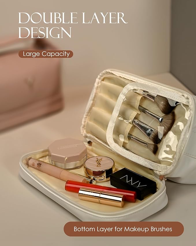 Trendy Gifts for Women, Personalized Makeup Bag with Handle, Initial Double Layer Cosmetic Bag with Makeup Brush Organizer, Cute Cosmetic Pouch for Women, Gifts for Friends Female Mom