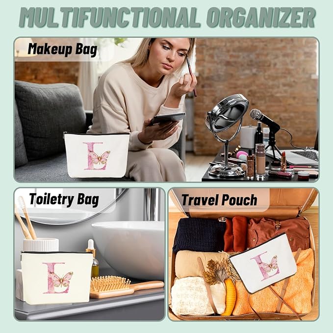 Initial Makeup Bag Pink Butterfly L Personalized Cosmetic Bag Monogrammed Gifts for Women Girls Aunt Bridesmaid Monogram Zipper Pouch for Friendship Mothers Day Birthday Wedding Bridal Shower Gifts