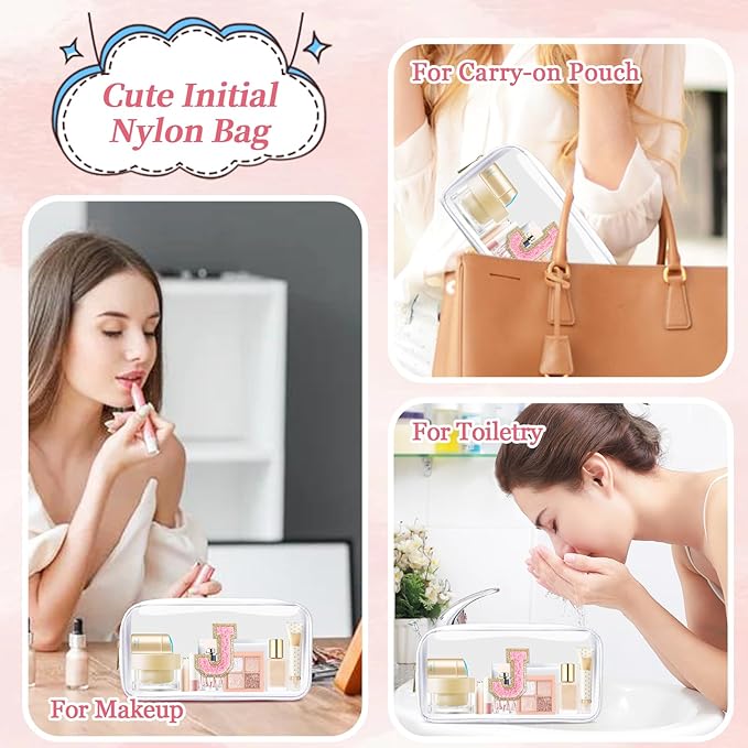 Small Clear Personalized Initial Makeup Bag,Nylon Preppy A-Z Chenille Letter Patch Cosmetic Pouch Beach Toiletry Bag,Waterproof Zipper Travel Purse Storage Bag Organizer for Women Girls(White-Pink J)