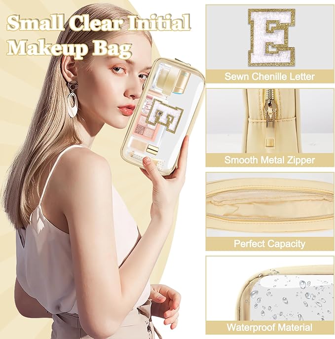 Small Clear Personalized Initial Makeup Bag,Nylon Preppy A-Z Chenille Letter Patch Cosmetic Pouch Beach Toiletry Bag,Waterproof Zipper Travel Purse Storage Bag Organizer for Women Girls(Beige-White E)