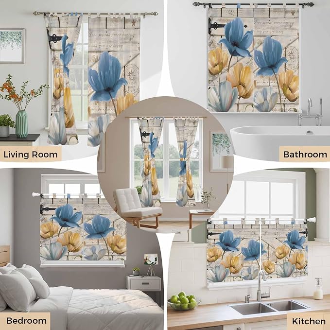 Blue Yellow Tulips Bathroom Curtains 63 Inch Length, Window Curtains Tab Top - Image 7