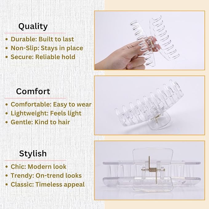 Clear Hair Clips for Women -8 Pack 4.3 Inch Large Matte Banana Claw Clips for Women Thin Thick Curly Hair, Big Strong Hold jaw
