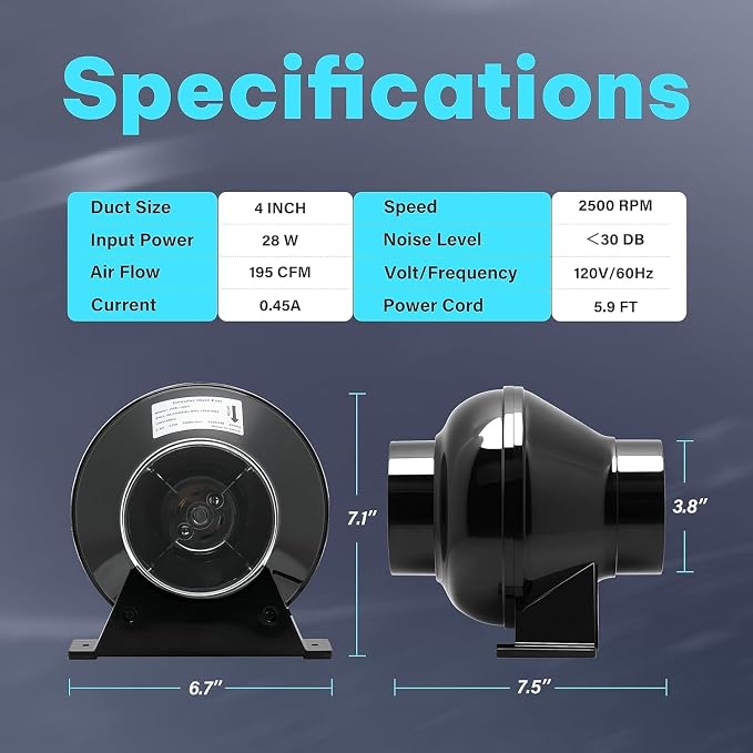 iPower 4 Inch 195 CFM Inline Duct Fan HVAC Exhaust Blower Air Circulation Vent - Image 4