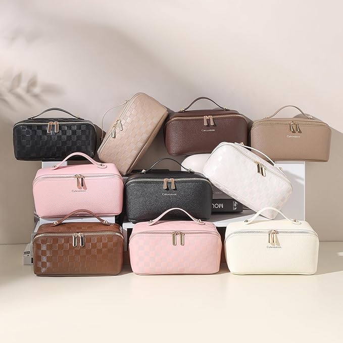 Makeup Bag, Travel Toiletry Bag for Women, Large Capacity Waterproof PU Leather Cosmetic Bags Make Up Organizer Bags with Headband and Wristband Set (Khaki, Lychee Pattern)
