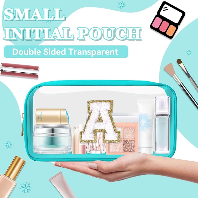 Small Clear Personalized Initial Makeup Bag,Nylon Preppy A-Z Chenille Letter Patch Cosmetic Pouch Beach Toiletry Bag,Waterproof Zipper Travel Purse Storage Bag Organizer for Women Girls(Cyan-White A)