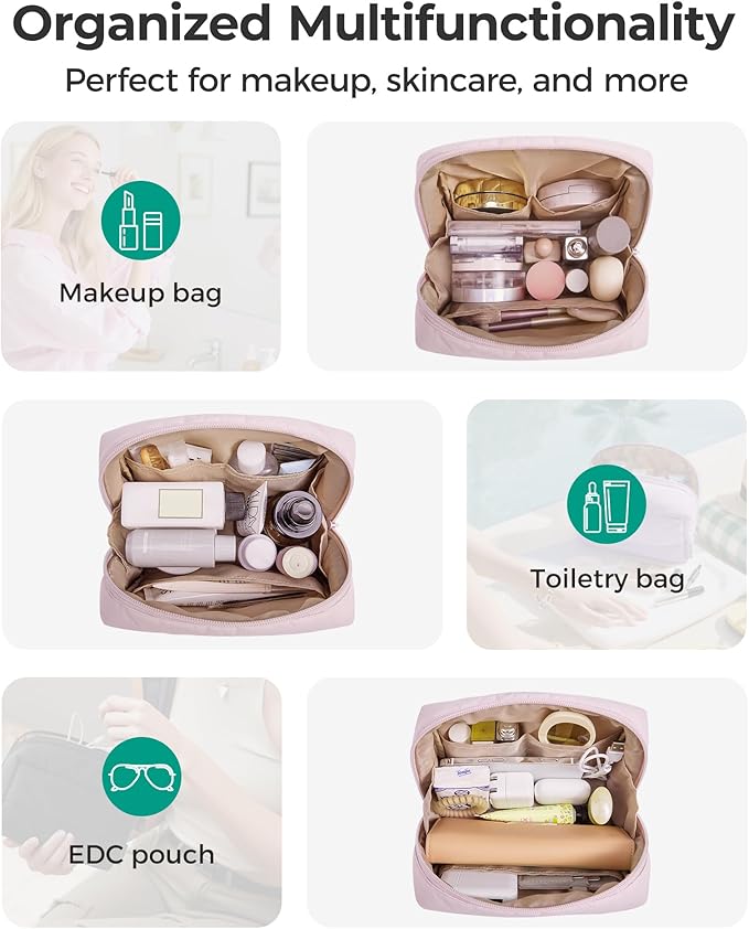 BAGSMART Puffy Makeup Bag, Wide Opening Cosmetic Bag Compact & Spacious, Water-Resistant Travel Organizer Pouches for Women (Camel)